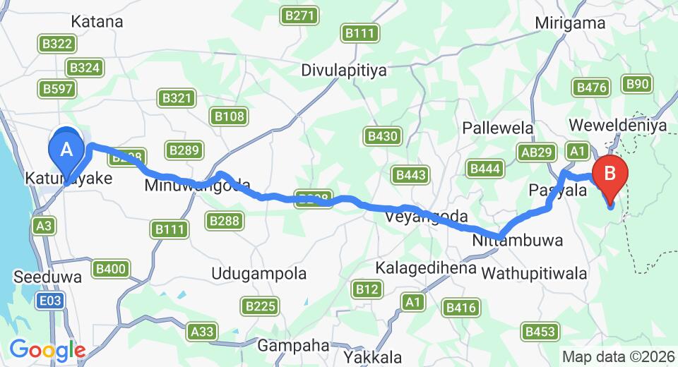 Driving route map: Colombo Airport (CMB) to Debahera (36 km, approx 1 h 13 min private transfer)