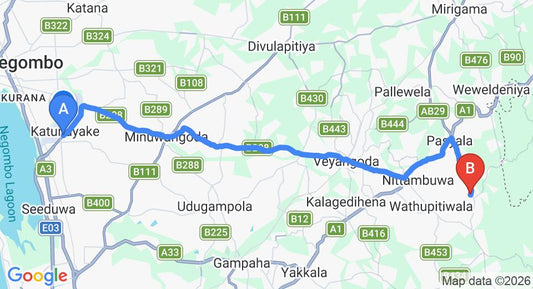 Driving route map: Colombo Airport (CMB) to Ellakkala (35 km, approx 1 h 8 min private transfer)
