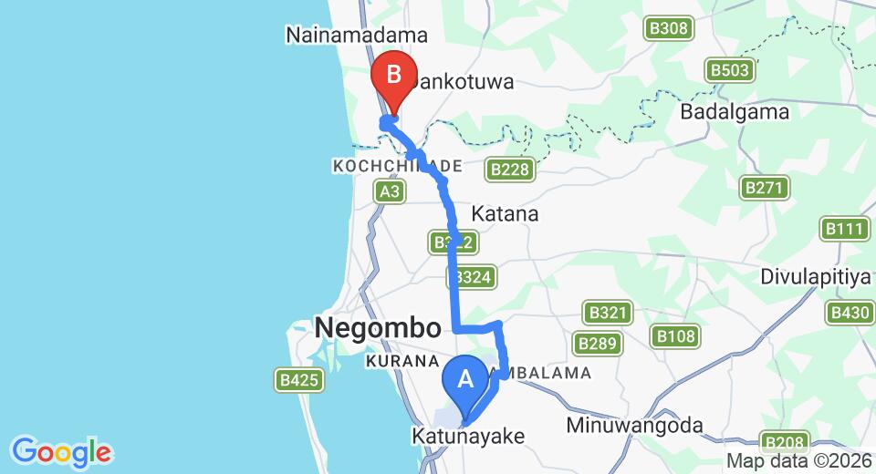 Driving route map: Colombo Airport (CMB) to Waikkal (18 km, approx 40 min private transfer)