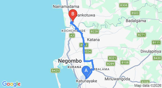 Driving route map: Colombo Airport (CMB) to Little Taprobane, Waikkal (18 km, approx 40 min private transfer)