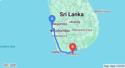 Driving route map: Colombo Airport (CMB) to Esperanza Beach Villa and Spa, Tangalle (215 km, approx 2 h 57 min private transfer)