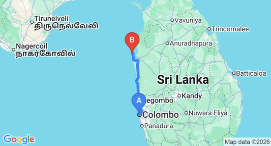Driving route map: Colombo Seaport to Kalkudah (156 km, approx 3 h 28 min private transfer)
