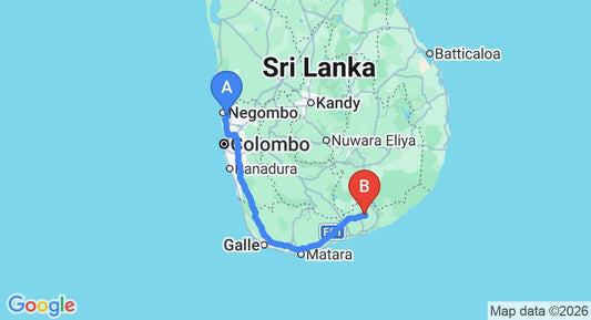 Driving route map: Colombo Airport (CMB) to Bestlife Eco Resort, Hambantota (255 km, approx 3 h 16 min private transfer)