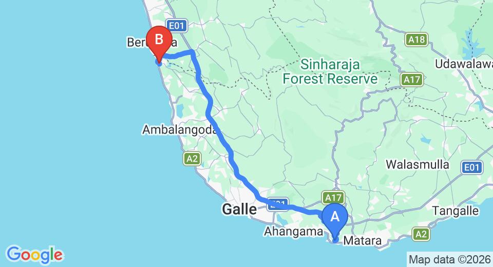 Driving route map: Mirissa to Bentota (96 km, approx 1 h 38 min private transfer)