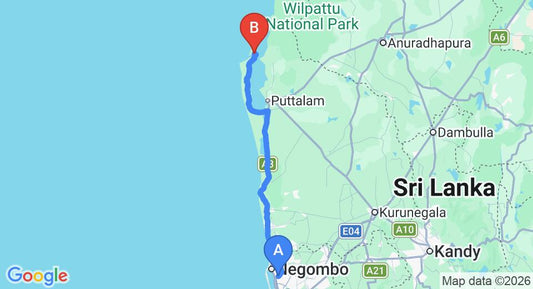Driving route map: Colombo Airport (CMB) to The Rascals Kite Resort, Kalpitiya (144 km, approx 3 h 27 min private transfer)