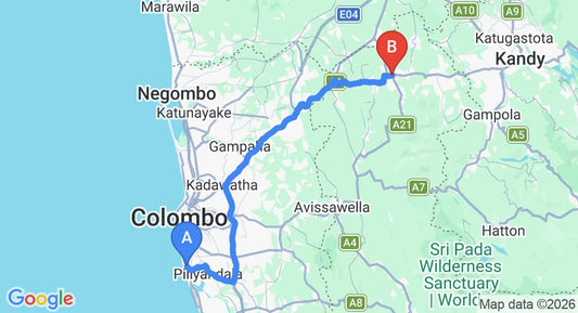Driving route map: Ratmalana (RML) Airport to Kegalle (101 km, approx 2 h 30 min private transfer)