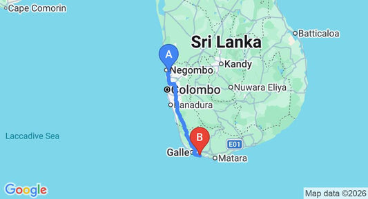 Driving route map: Colombo Airport (CMB) to The Fortress Resort and Spa, Koggala (162 km, approx 2 h 22 min private transfer)