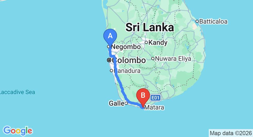 Driving route map: Colombo Airport (CMB) to Ocean Breeze Villa, Matara (187 km, approx 2 h 40 min private transfer)