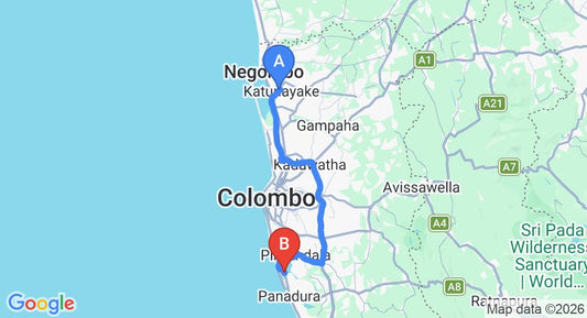 Driving route map: Colombo Airport (CMB) to Ramadia Ran Mal Holiday Resort, Moratuwa (72 km, approx 1 h 27 min private transfer)