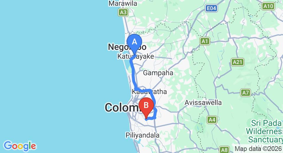 Driving route map: Colombo Airport (CMB) to Thalawathugoda (49 km, approx 54 min private transfer)