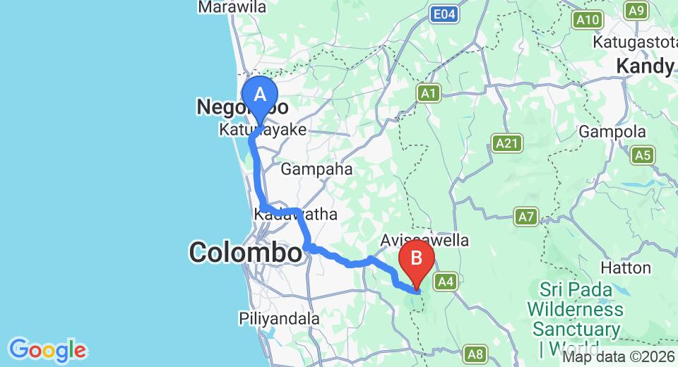 Driving route map: Colombo Airport (CMB) to Kalatuwawa (68 km, approx 1 h 38 min private transfer)