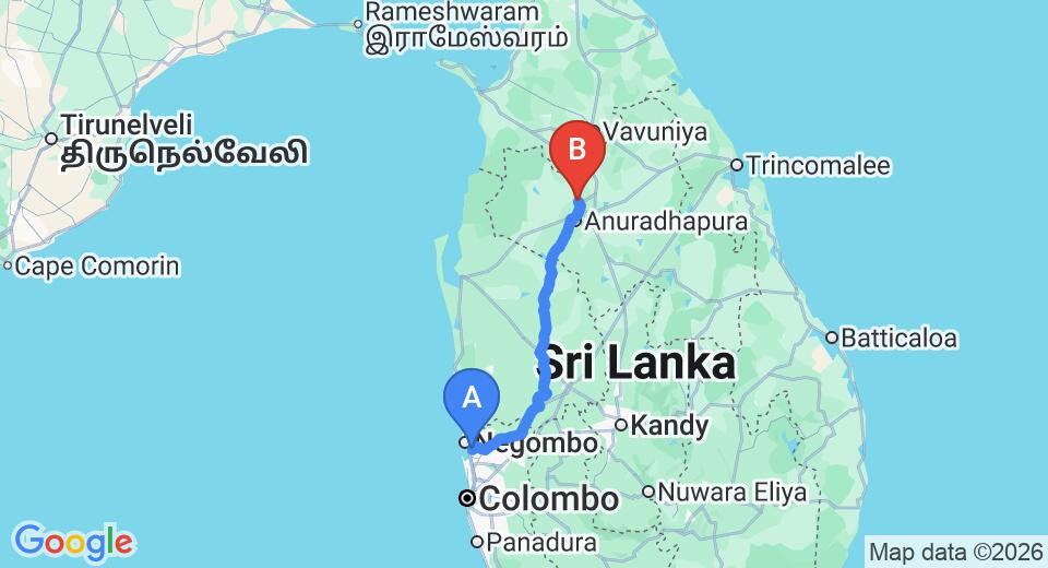 Driving route map: Colombo Airport (CMB) to Saliyapura (184 km, approx 4 h 1 min private transfer)