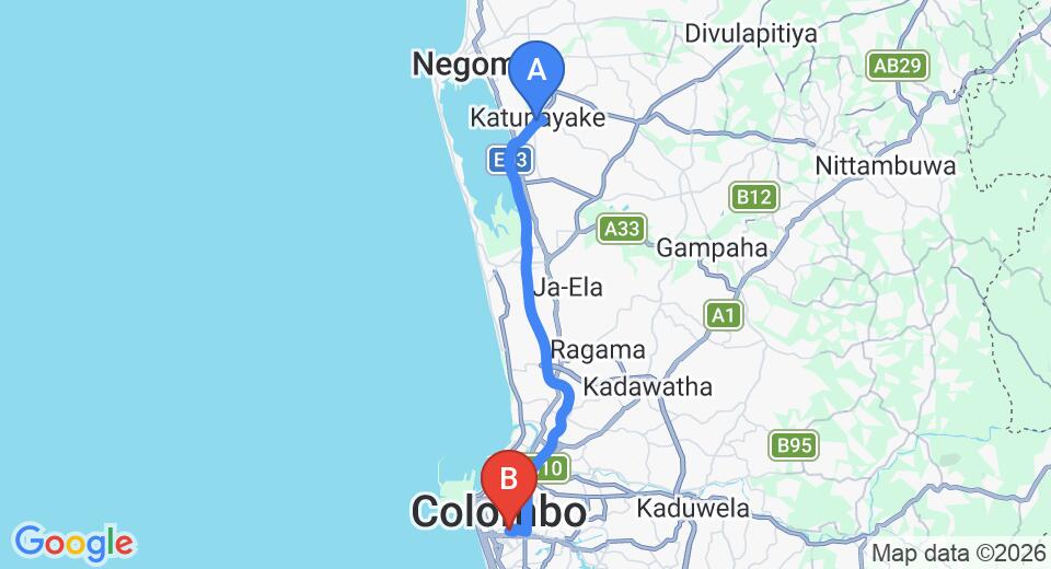 Driving route map: Colombo Airport (CMB) to Lavender Condominium, Colombo (34 km, approx 44 min private transfer)