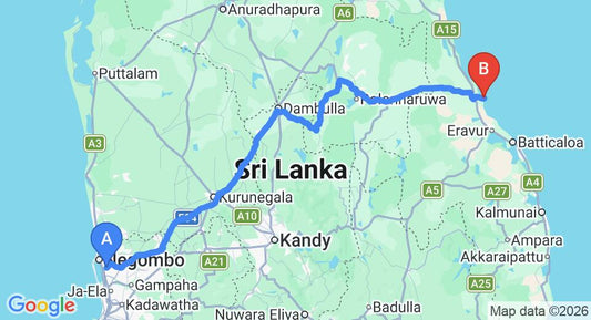 Driving route map: Colombo Airport (CMB) to Royal Pearl Guest House, kalkudah (266 km, approx 5 h 27 min private transfer)