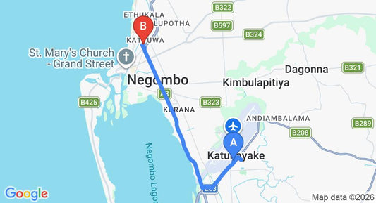Driving route map: Colombo Airport (CMB) to Mazz Homestay - Hostel, Negombo (11 km, approx 25 min private transfer)