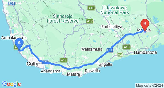 Driving route map: Hikkaduwa to Mattala (HRI) Airport (138 km, approx 1 h 52 min private transfer)