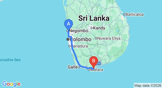 Driving route map: Colombo Airport (CMB) to Dikwella (200 km, approx 2 h 51 min private transfer)
