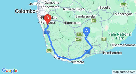 Driving route map: Udawalawe to Yala (197 km, approx 3 h 5 min private transfer)