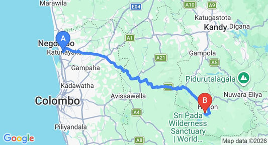 Driving route map: Colombo Airport (CMB) to Summerville Bungalow, Hatton (124 km, approx 3 h 53 min private transfer)