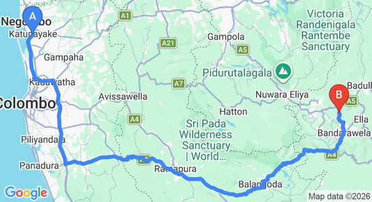 Driving route map: Colombo Airport (CMB) to Blue Mountain Agri  Holiday Home, Bandarawela (230 km, approx 5 h 46 min private transfer)