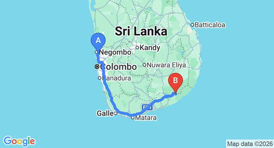 Driving route map: Colombo Airport (CMB) to Ran Hewana Holiday Resort, Kataragama (290 km, approx 3 h 53 min private transfer)