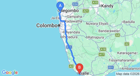 Driving route map: Colombo Airport (CMB) to The Lodge Unawatuna, Unawatuna (152 km, approx 2 h 7 min private transfer)