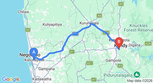 Driving route map: Colombo Airport (CMB) to Amaya Bungalow, Kandy (115 km, approx 2 h 56 min private transfer)