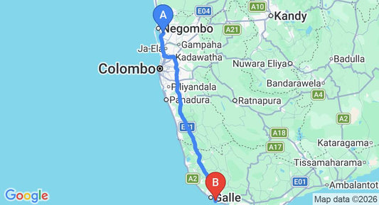 Driving route map: Colombo Airport (CMB) to Tartaruga Hotel, Unawatuna (153 km, approx 2 h 10 min private transfer)