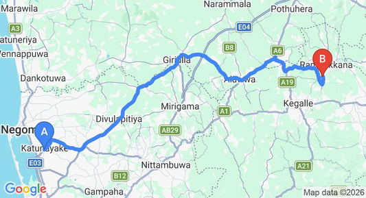 Driving route map: Colombo Airport (CMB) to Hotel Elephant Bay, Pinnawala (78 km, approx 2 h 7 min private transfer)