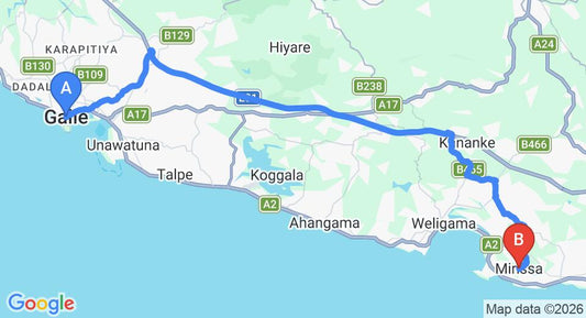 Driving route map: Galle to Mirissa (42 km, approx 1 h 1 min private transfer)