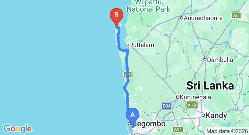 Driving route map: Colombo Airport (CMB) to Blue Whale Resort, Kalpitiya (139 km, approx 3 h 15 min private transfer)