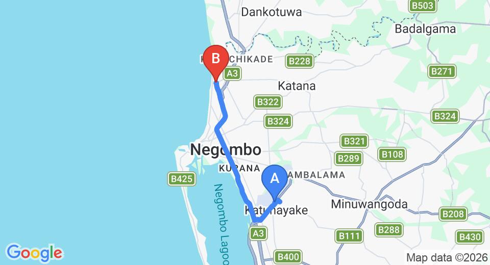 Driving route map: Colombo Airport (CMB) to GoodLuck Resort, Negombo (14 km, approx 34 min private transfer)