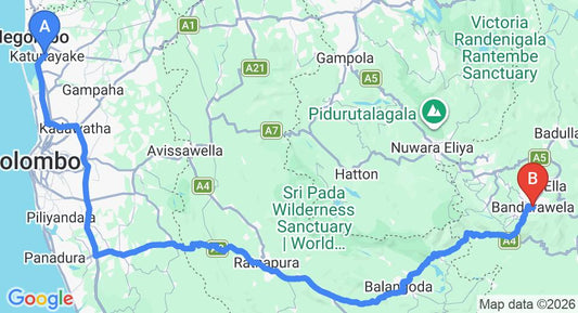 Driving route map: Colombo Airport (CMB) to Silver Springs, Bandarawela (220 km, approx 5 h 23 min private transfer)