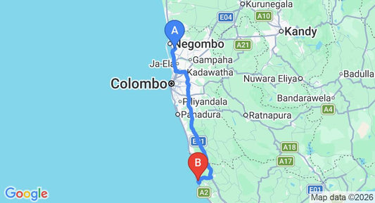 Driving route map: Colombo Airport (CMB) to Hotel Dream Beach Resort, Ambalangoda (133 km, approx 2 h 6 min private transfer)