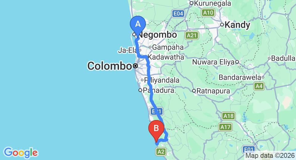 Driving route map: Colombo Airport (CMB) to Ramon Beach Resort, Ambalangoda (133 km, approx 2 h 6 min private transfer)