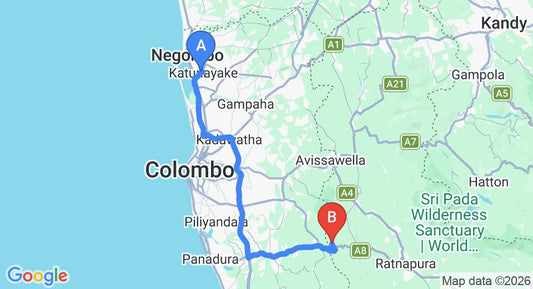 Driving route map: Colombo Airport (CMB) to The Retreat, Ingiriya (92 km, approx 1 h 50 min private transfer)