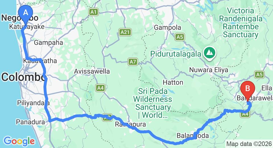 Driving route map: Colombo Airport (CMB) to Diyatalawa (216 km, approx 5 h 13 min private transfer)