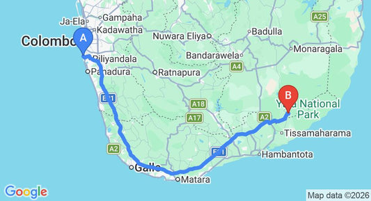 Driving route map: Ratmalana (RML) Airport to Kataragama (245 km, approx 3 h 26 min private transfer)