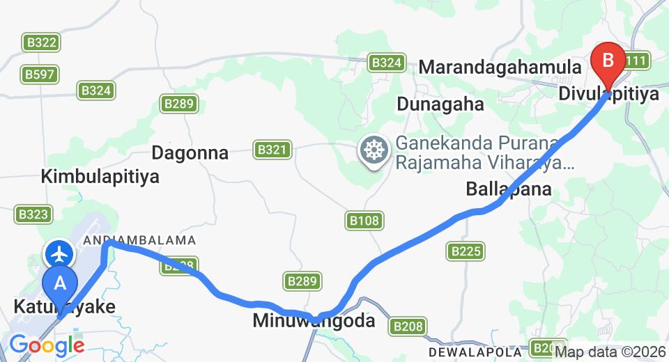 Driving route map: Colombo Airport (CMB) to Divulapitiya (19 km, approx 38 min private transfer)