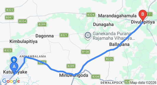 Driving route map: Colombo Airport (CMB) to Divulapitiya (19 km, approx 38 min private transfer)