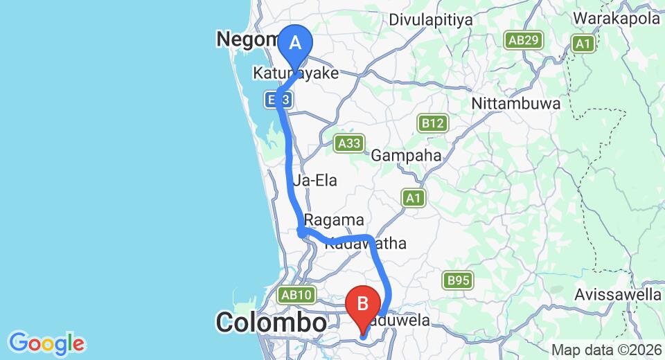 Driving route map: Colombo Airport (CMB) to Thalahena (42 km, approx 51 min private transfer)