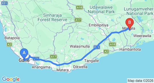 Driving route map: Galle to Mattala (HRI) Airport (119 km, approx 1 h 39 min private transfer)