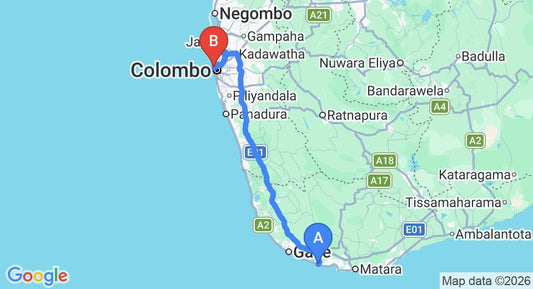 Driving route map: Ahangama to Colombo Seaport (159 km, approx 2 h 17 min private transfer)