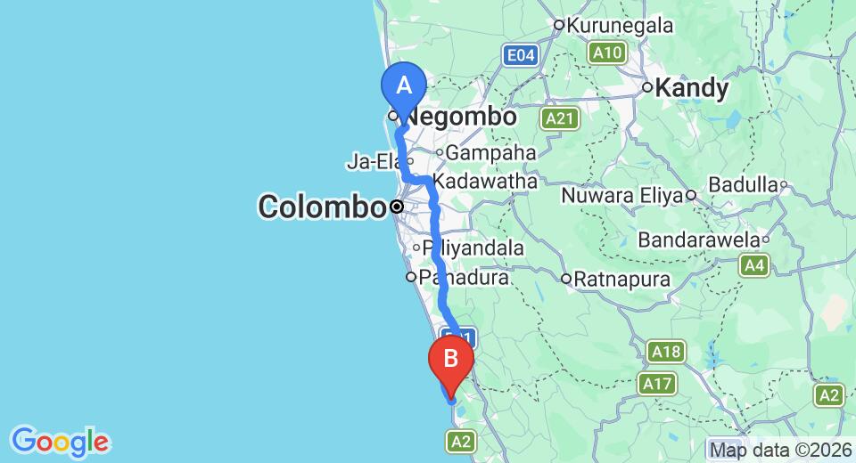 Driving route map: Colombo Airport (CMB) to Nil by Yoho, Kosgoda (119 km, approx 1 h 56 min private transfer)