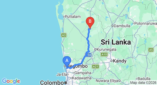 Driving route map: Colombo Airport (CMB) to Maho (112 km, approx 2 h 31 min private transfer)