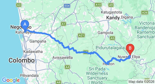 Driving route map: Colombo Airport (CMB) to Galway Forest Lodge, Nuwara Eliya (155 km, approx 4 h 46 min private transfer)
