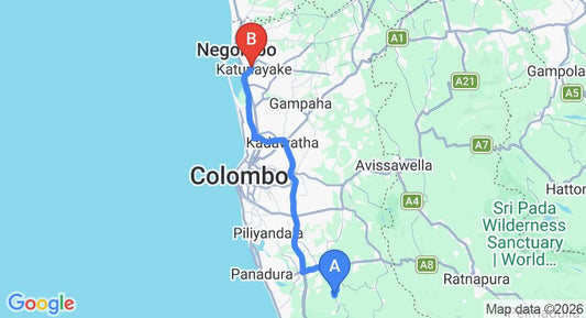 Driving route map: Yala to Colombo Airport (CMB) (76 km, approx 1 h 20 min private transfer)