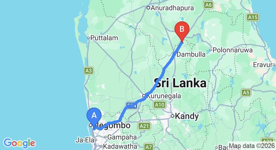 Driving route map: Colombo Airport (CMB) to King Fisher Lodge, Dambulla (145 km, approx 3 h 6 min private transfer)