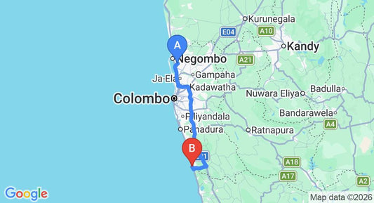 Driving route map: Colombo Airport (CMB) to Neptune Hotel, Beruwala (109 km, approx 1 h 42 min private transfer)