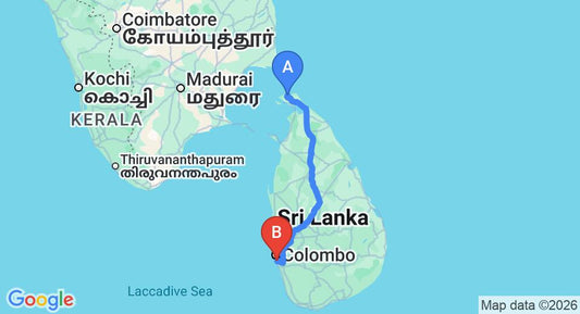 Driving route map: Jaffna (JAF) Airport to Ratmalana (RML) Airport (428 km, approx 8 h 33 min private transfer)